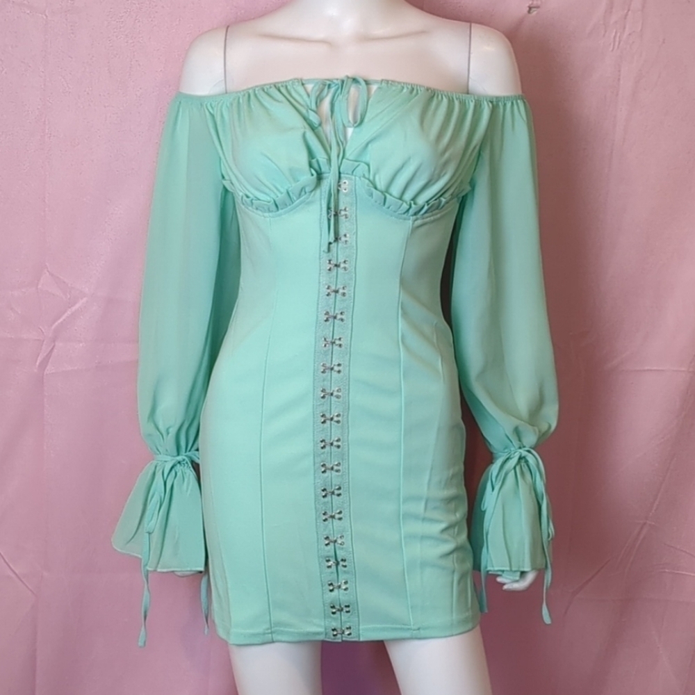 PrettyLittleThing Mint Chiffon Sleeve Hook and Eye Corset Bodycon Mini Dress 4